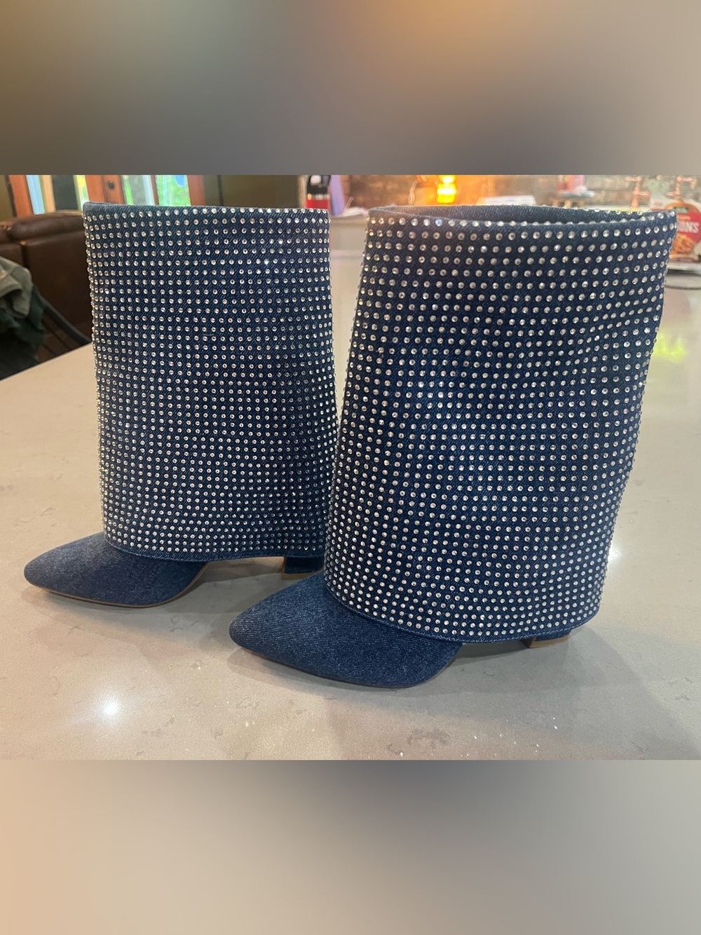 Rouge! Navy Blue Denim Crystal-Embellished Pointed-Toe Mule Boots